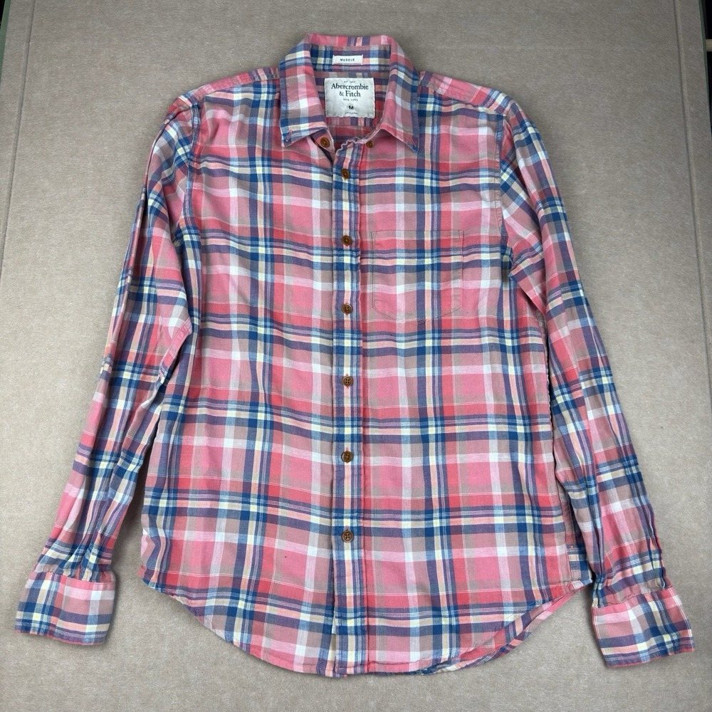 Abercrombie Fitch Shirt Women's M Pink‎ Blue Plaid Muscle Longsleeves Button Up